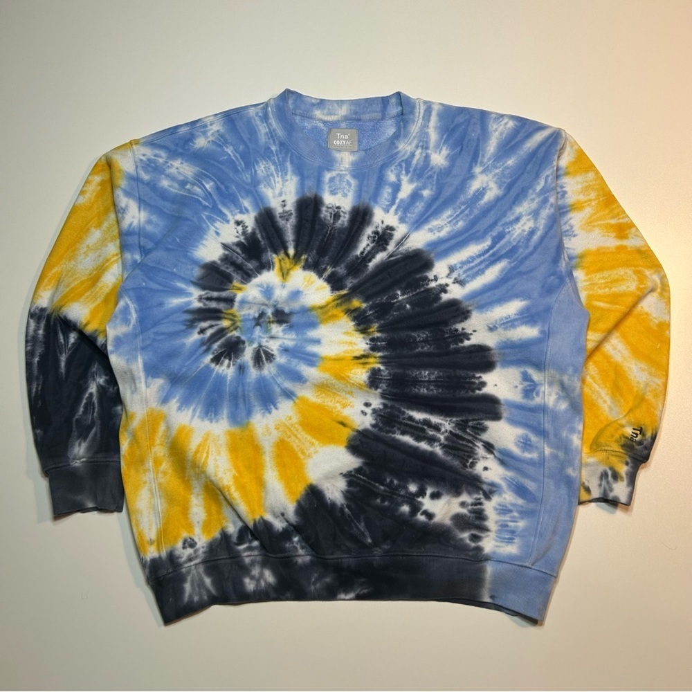 Aritzia Tna Cozy AF Fleece Swirl Tie Dye Sweatshirt Yellow Blue White
